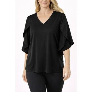 Women's Black Flutter Sleeve V-Neck Blouse Short Sleeve Dressy Classic Work Top